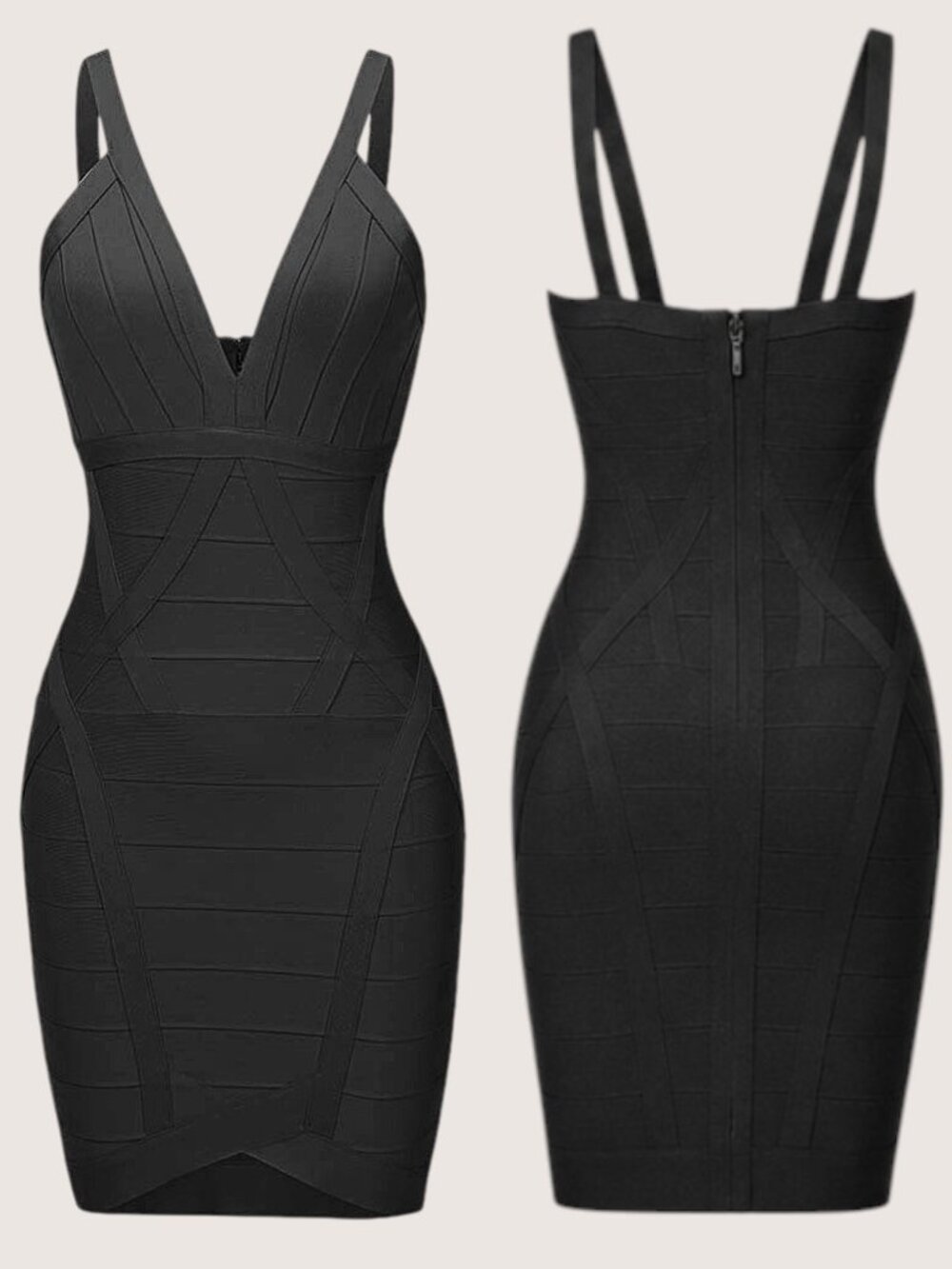 Shoulder Strap Geometric Pattern Spliced Knee Length Bodycon Bandage Dress - M,L - Picture 5 of 8